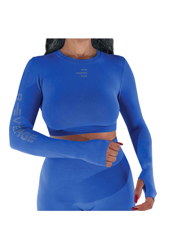 R-EVENGE - Damska koszulka techniczna z długim rękawem do wszystkich ćwiczeń na siłowni. Kolor: niebieski. Materiał: elastan. Długość rękawa: długi rękaw. Długość: długie. Sport: fitness