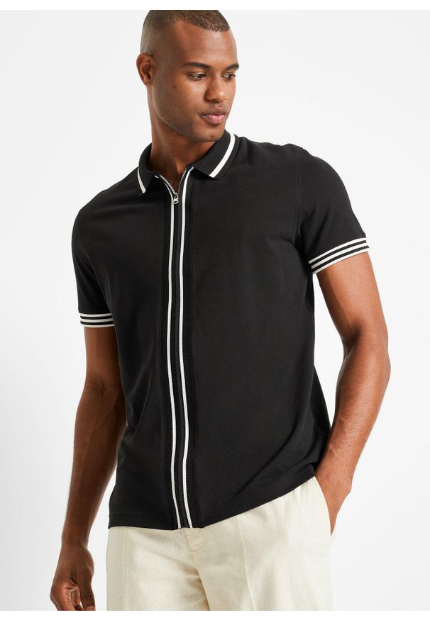 bonprix - Koszulka polo z zamkiem z bawełnianej piki. Typ kołnierza: polo. Kolor: czarny. Materiał: bawełna. Styl: elegancki