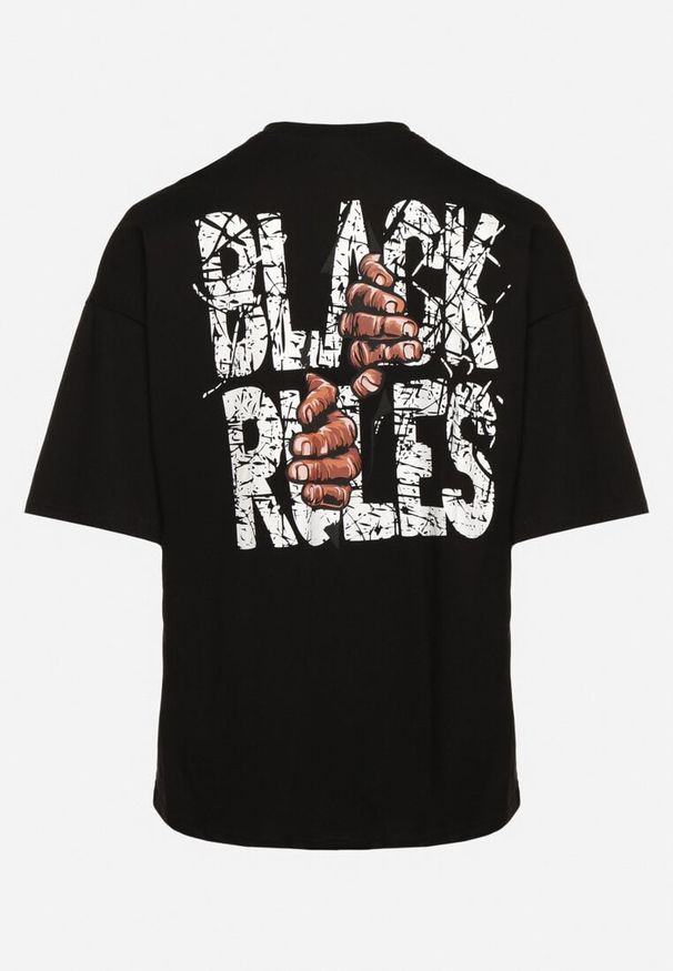 Born2be - Czarna Bawełniana Koszulka T-shirt z Nadrukiem po Obu Stronach Daven. Kolor: czarny. Materiał: bawełna. Długość rękawa: krótki rękaw. Długość: krótkie. Wzór: nadruk