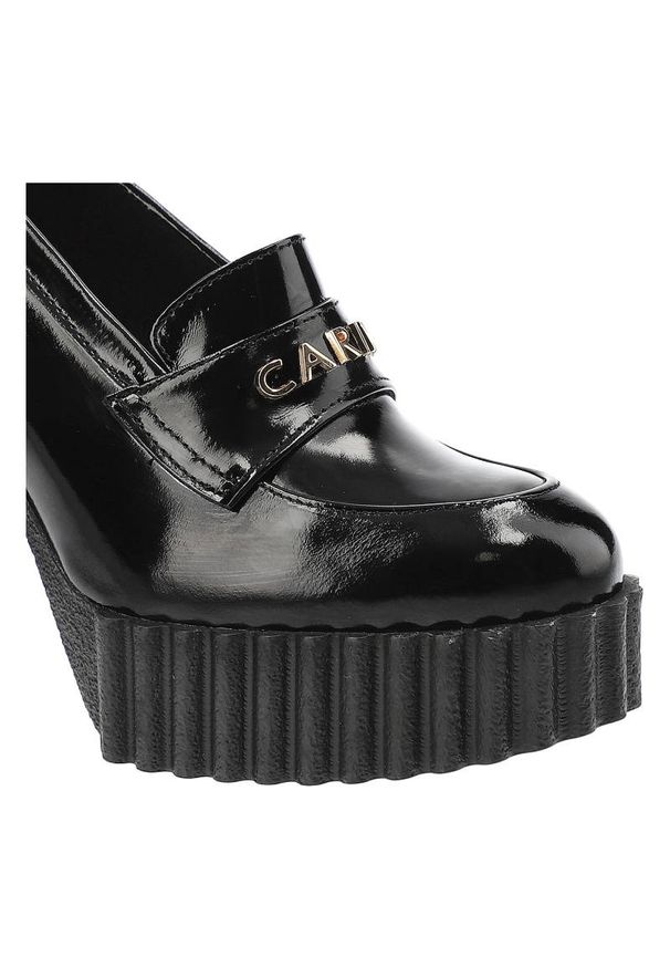 Czarne Półbuty Carinii Eleganckie Skórzane Buty Damskie. Zapięcie: bez zapięcia. Kolor: czarny. Materiał: skóra. Szerokość cholewki: normalna. Obcas: na obcasie. Styl: elegancki. Wysokość obcasa: wysoki, średni
