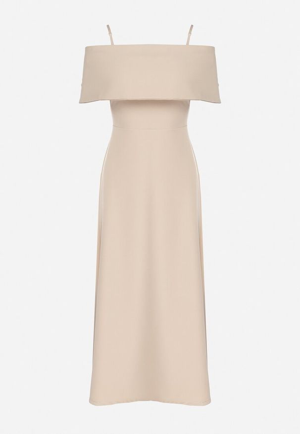 Born2be - Beżowa Sukienka o Rozkloszowanym Kroju na Ramiączkach z Wywijanym Dekoltem Jenathia. Okazja: na wesele, na studniówkę, na imprezę, na ślub cywilny. Kolor: beżowy. Długość rękawa: na ramiączkach