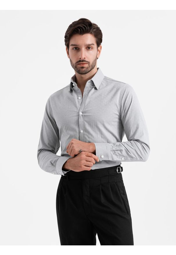 Ombre Clothing - Męska koszula SLIM FIT z ozdobnej tkaniny – szara V2 OM-SHCS-0175 - XXL. Okazja: na co dzień, do pracy. Kolor: szary. Materiał: tkanina. Wzór: aplikacja, haft, ze splotem. Styl: klasyczny, casual