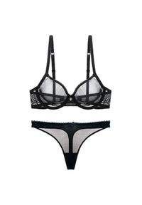 Intica - Komplet bielizny transparentnej z kokardą na romantyczny wieczór Kadriye. Kolor: czarny. Materiał: materiał. Wzór: aplikacja