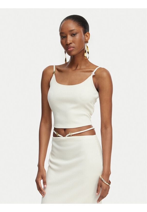 Guess Top E6GP01 KG322 Kremowy Slim Fit. Kolor: kremowy. Materiał: syntetyk