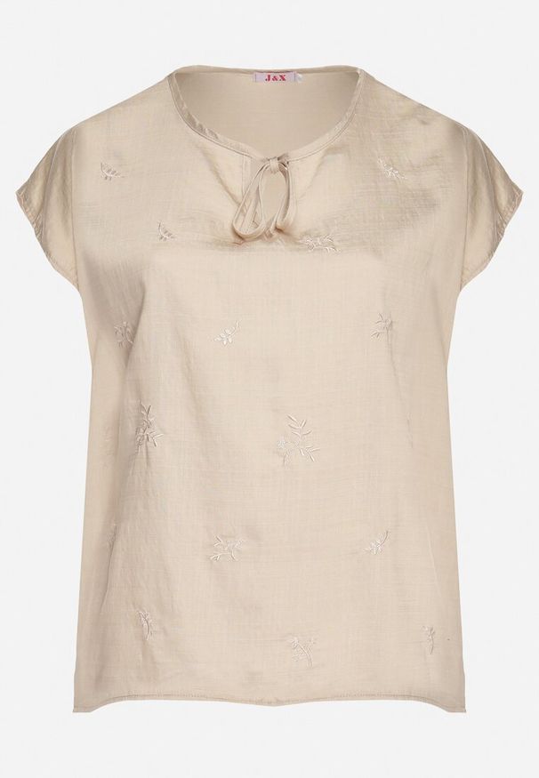 Born2be - Beżowa Bluzka z Haftem i Sznurkiem Przy Dekolcie Mepaya. Okazja: na co dzień. Kolekcja: plus size. Kolor: beżowy. Długość rękawa: krótki rękaw. Długość: krótkie. Wzór: haft. Sezon: lato. Styl: klasyczny, elegancki, casual
