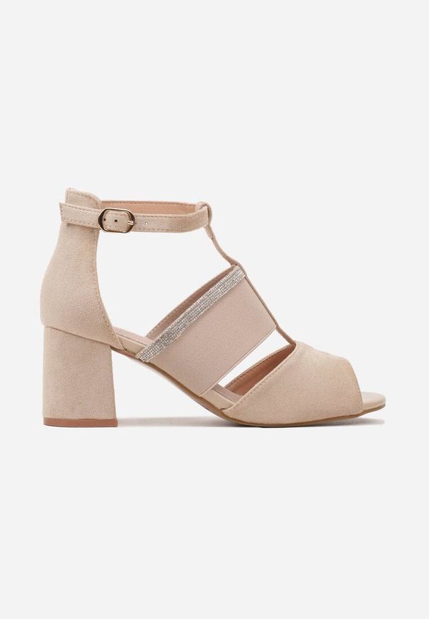 Born2be - Beżowe Sandały na Słupku ze Skórzaną Wkładką i Cyrkoniami Haniris. Okazja: na spacer, na imprezę. Kolor: beżowy. Materiał: skóra. Sezon: lato. Obcas: na słupku. Styl: elegancki