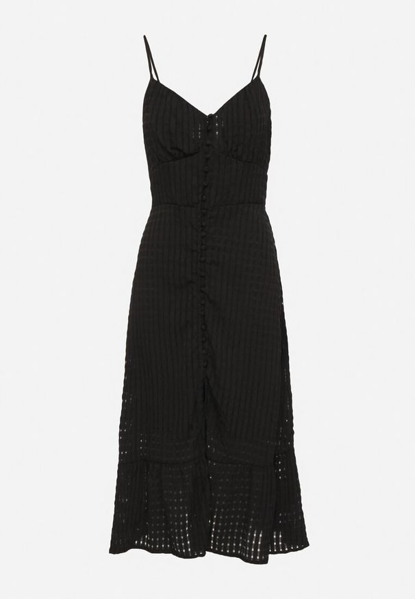 Born2be - Czarna Sukienka Rozkloszowana na Ramiączkach z Guzikami z Wiskozą Efrinelle. Okazja: na co dzień. Typ kołnierza: dekolt w kształcie V. Kolor: czarny. Materiał: wiskoza. Długość rękawa: na ramiączkach. Typ sukienki: rozkloszowane. Styl: casual, elegancki