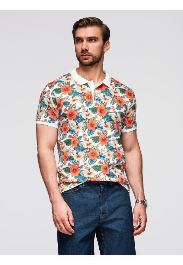 Ombre Clothing - Koszulka polo bawełniana z nadrukiem w kwiaty – biała V1 - Rozmiar: XXL. Okazja: na co dzień. Typ kołnierza: polo. Kolor: biały. Materiał: bawełna. Wzór: nadruk, kwiaty. Sezon: lato. Styl: wakacyjny, casual, elegancki
