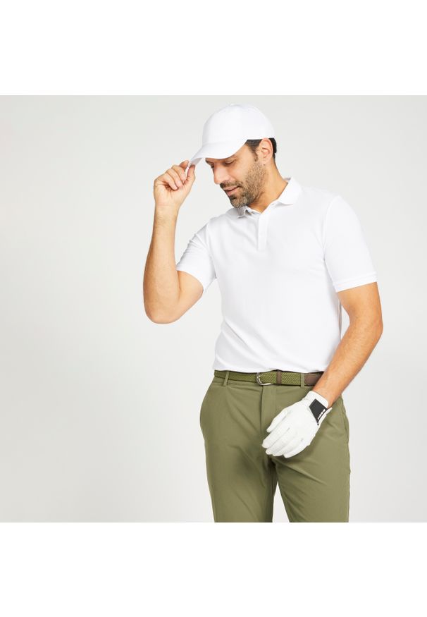 INESIS - Koszulka polo do golfa z krótkim rękawem męska Inesis WW500. Typ kołnierza: polo, golf. Kolor: biały. Materiał: materiał, poliester. Długość rękawa: krótki rękaw. Długość: krótkie. Wzór: ze splotem