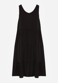 Renee - Czarna Sukienka z Bawełny o Rozkloszowanym Kroju Ozdobiona Falbankami Tessah. Okazja: na co dzień. Typ kołnierza: kołnierz z falbankami. Kolor: czarny. Materiał: bawełna. Wzór: aplikacja. Styl: casual, klasyczny, elegancki #5