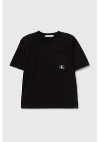 Calvin Klein Jeans t-shirt bawełniany dziecięcy kolor czarny z aplikacją. Kolor: czarny. Materiał: bawełna. Wzór: aplikacja. Styl: klasyczny #1