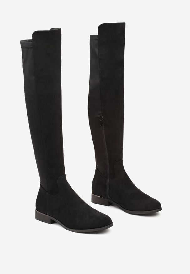 Renee - Czarne Casualowe Kozaki Muszkieterki na Płaskiej Podeszwie Temiania. Okazja: na co dzień. Kolor: czarny. Materiał: jeans. Obcas: na płaskiej podeszwie. Styl: casual
