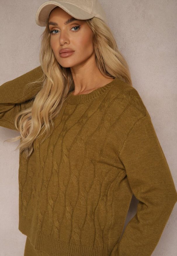 Renee - Zielony Komplet z Wełną ze Spodniami Typu Wide Leg i Strukturalnym Swetrem Naonella. Kolor: zielony. Materiał: wełna