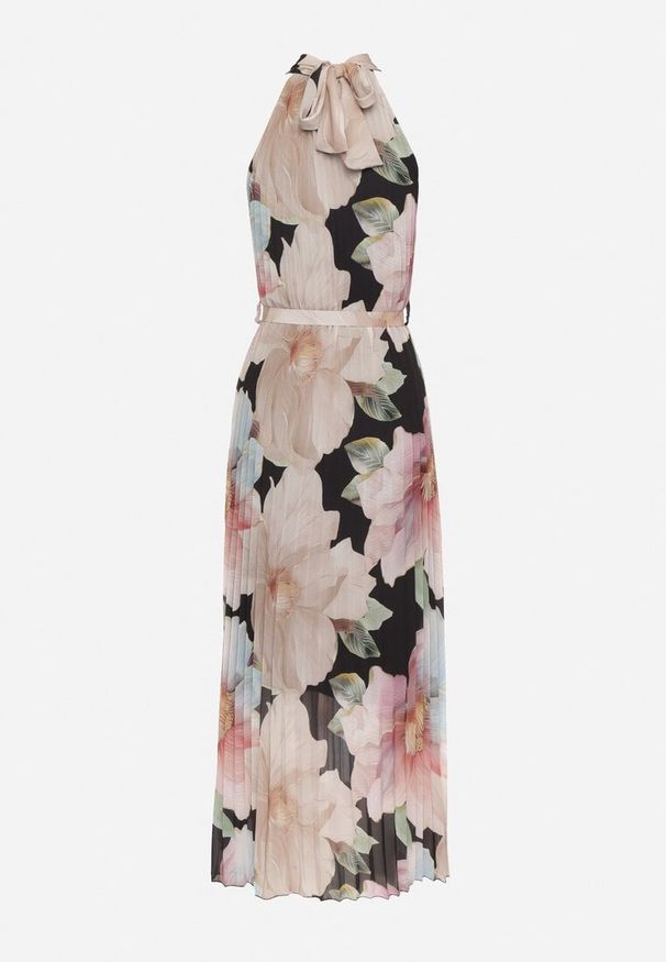 Born2be - Czarna Sukienka z Plisami Wiązaniem i Paskiem z Klamrą Nitenna. Okazja: na co dzień, na imprezę. Kolor: czarny. Długość rękawa: bez rękawów. Typ sukienki: rozkloszowane. Styl: elegancki, klasyczny, casual