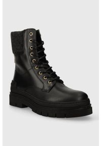TOMMY HILFIGER - Tommy Hilfiger botki skórzane FEMININE FELT LACE UP BOOTIE damskie kolor czarny na płaskim obcasie ocieplone FW0FW07500. Zapięcie: sznurówki. Kolor: czarny. Materiał: skóra. Obcas: na obcasie. Styl: klasyczny. Wysokość obcasa: niski #3