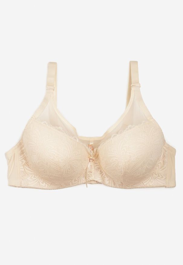 Born2be - Beżowy Biustonosz Full Cup z Koronką i Cyrkoniami Filipena. Kolor: beżowy. Materiał: koronka. Wzór: koronka
