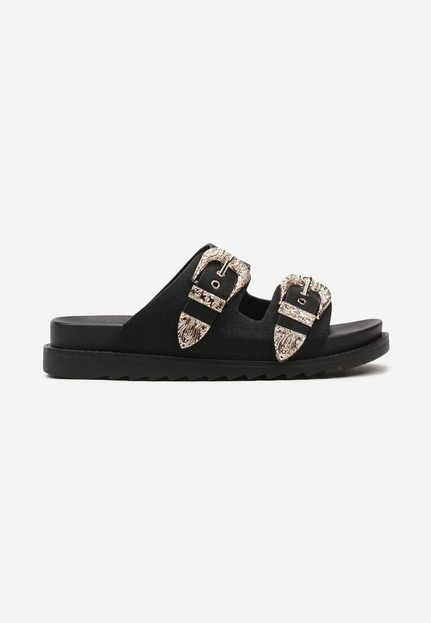 Born2be - Czarne Płaskie Klapki z Regulowanymi Ozdobnymi Sprzączkami Lamicia. Kolor: czarny. Materiał: len, jeans. Wzór: aplikacja. Styl: klasyczny