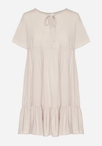 Born2be - Jasnobeżowa Sukienka z Bawełny o Rozkloszowanym Kroju z Wiązaniem przy Dekolcie Mepilea. Okazja: na co dzień. Kolor: beżowy. Materiał: bawełna. Długość rękawa: krótki rękaw. Sezon: wiosna, lato. Typ sukienki: rozkloszowane. Styl: klasyczny, casual, elegancki #5