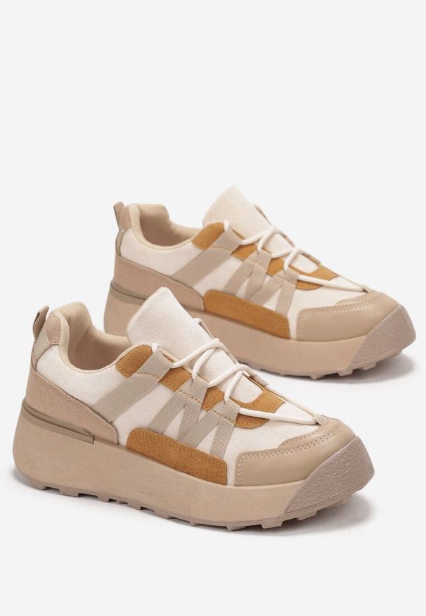 Renee - Ciemnobeżowe Sznurowane Płaskie Sneakersy z Kolorowymi Wstawkami z Ekoskóry Wonise. Okazja: na co dzień. Wysokość cholewki: przed kostkę. Kolor: beżowy. Szerokość cholewki: normalna. Wzór: kolorowy. Sezon: jesień, wiosna