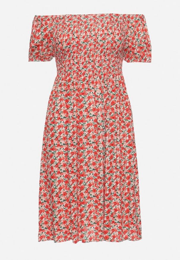 Born2be - Czerwona Wiskozowa Sukienka Hiszpanka z Gumkami w Pasie Valdina. Okazja: na co dzień. Typ kołnierza: dekolt hiszpanka. Kolor: czerwony. Materiał: wiskoza. Długość rękawa: krótki rękaw. Sezon: lato. Styl: casual, wakacyjny