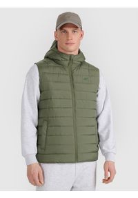 4f - 4F Bezrękawnik puchowy z wypełnieniem syntetycznym męski - khaki M. Okazja: na co dzień. Typ kołnierza: kołnierzyk stójkowy, kaptur. Kolor: oliwkowy, brązowy, wielokolorowy. Materiał: puch, syntetyk. Długość rękawa: bez rękawów. Długość: długie. Styl: casual, klasyczny, sportowy #1