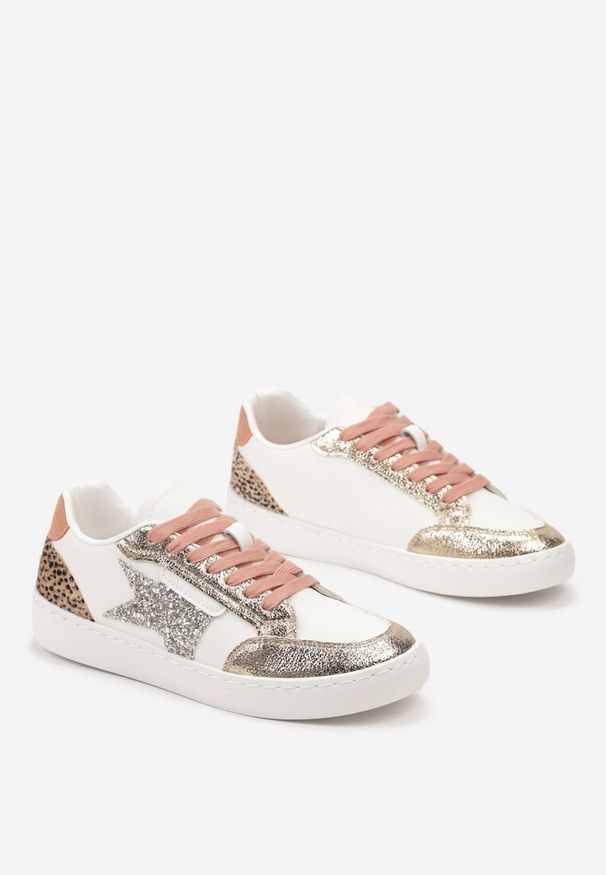 Renee - Złote Sneakersy z Brokatowymi Wstawkami i Gwiazdką Reniva. Kolor: biały, złoty