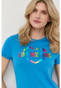 Love Moschino t-shirt bawełniany. Okazja: na co dzień. Kolor: niebieski. Materiał: bawełna. Wzór: nadruk. Styl: casual #3