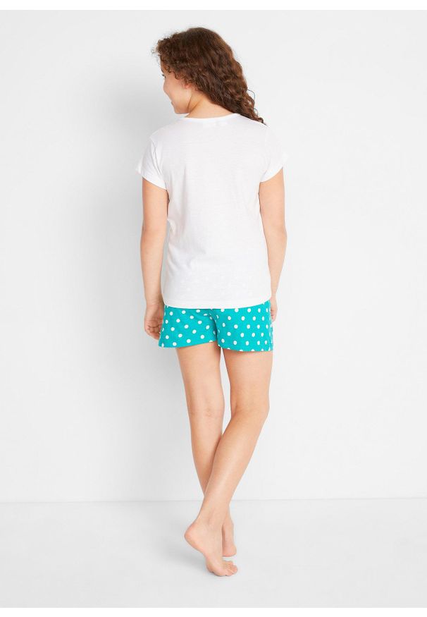 bonprix - Bawełniana piżama z krótkimi spodniami i krótkimi rękawami (4 części). Kolor: zielony. Materiał: bawełna. Długość: krótkie. Wzór: napisy, nadruk, aplikacja