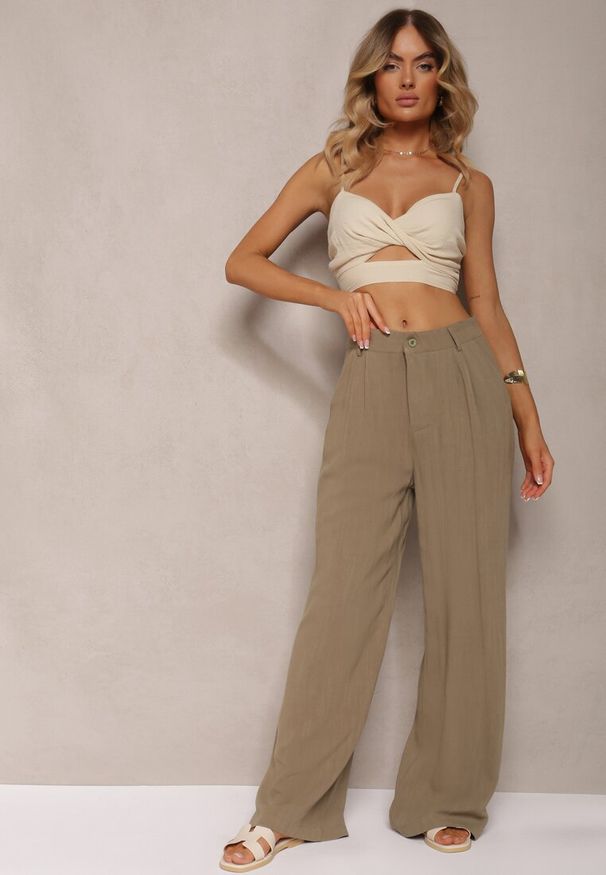 Renee - Ciemnozielone Szerokie Spodnie High Waist z Lnu i Wiskozy Apoises. Okazja: na co dzień. Stan: podwyższony. Kolor: zielony. Materiał: len, wiskoza. Długość: długie. Sezon: lato. Styl: elegancki, casual