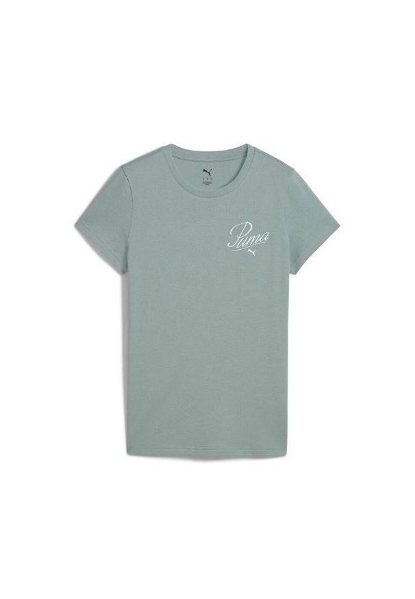 Puma - Damska koszulka ESS SCRIPT PUMA Green Moon. Kolor: zielony. Wzór: haft