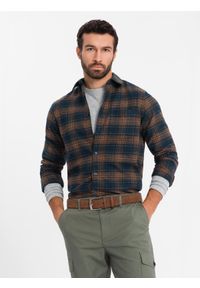 Ombre Clothing - Męska flanelowa koszula w kratę - granatowo-pomarańczowa V7. Kolor: pomarańczowy. Materiał: bawełna. Styl: klasyczny #4
