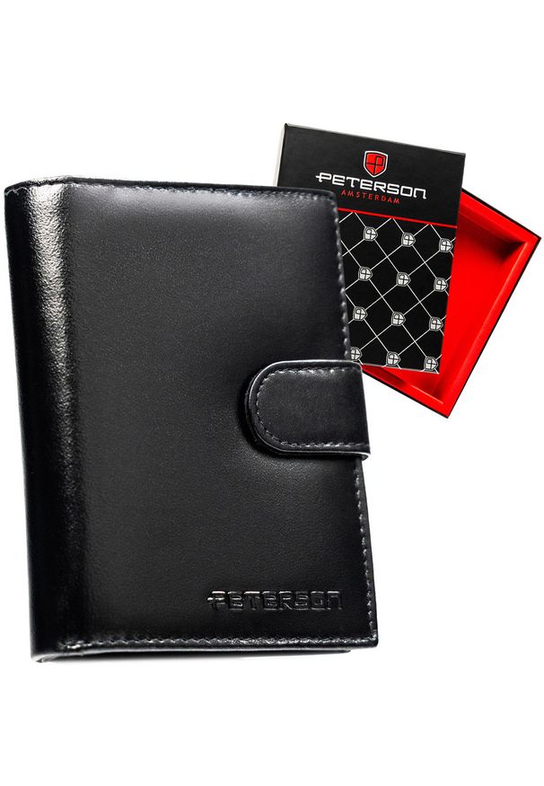 Duży, czarny portfel męski ze skóry naturalnej zamykany na zatrzask - Peterson. Kolor: czarny. Materiał: skóra