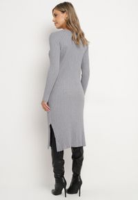 Born2be - Szara Sukienka Sweterkowa z Wiskozą Ozdobiona z Boku Rozcięciami Ninnoriel. Okazja: na co dzień. Kolor: szary. Materiał: wiskoza. Wzór: aplikacja. Typ sukienki: proste. Styl: klasyczny, casual, elegancki #2