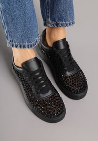 Renee - Czarne Cyrkoniowe Sneakersy na Platformie Lilaela. Okazja: na co dzień. Kolor: czarny. Materiał: jeans. Obcas: na platformie #7