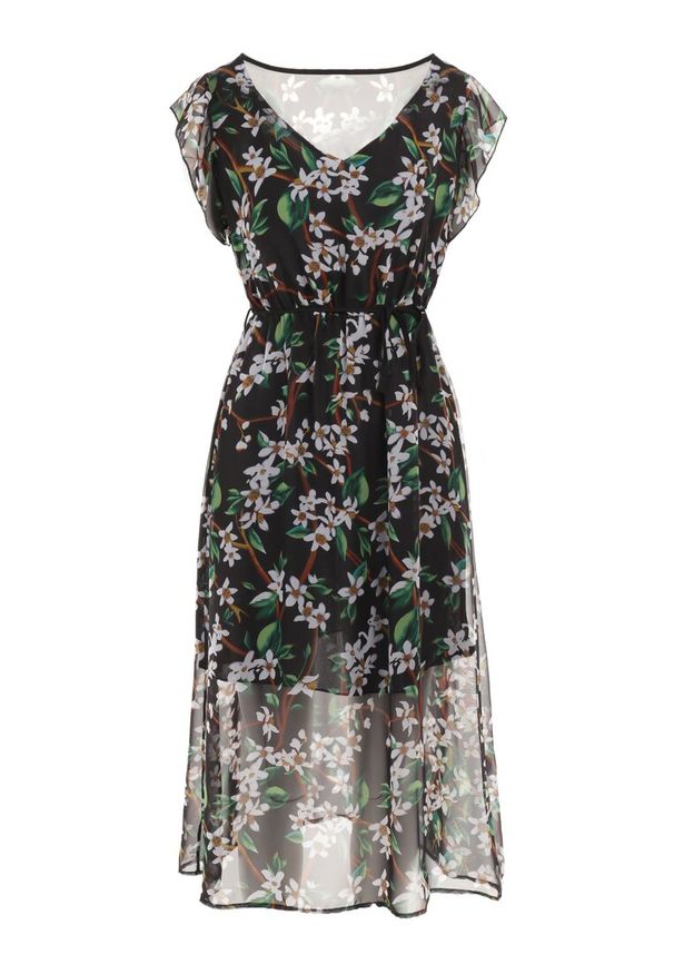 Born2be - Czarna Sukienka Gobney. Kolor: czarny. Materiał: wiskoza, materiał, tkanina. Długość rękawa: krótki rękaw. Wzór: kwiaty. Długość: midi