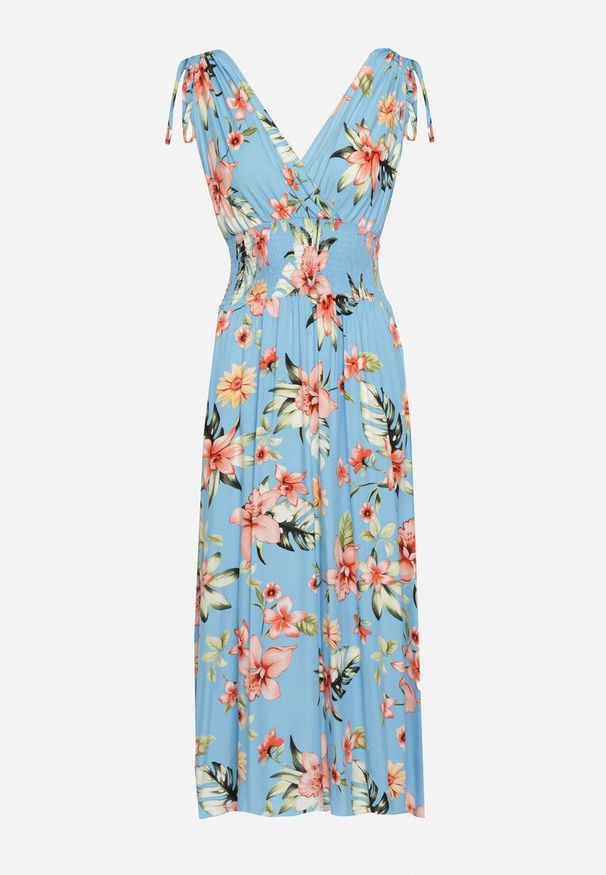 Born2be - Niebieska Sukienka w Kwiaty z Gumką w Pasie i Kopertowym Dekoltem Ściągana na Ramionach Saseria. Kolor: niebieski. Materiał: tkanina. Wzór: kwiaty. Sezon: lato. Typ sukienki: kopertowe