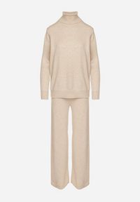 Born2be - Jasnobeżowy Dzianinowy Komplet z Wełną i Bawełną Spodnie i Sweter z Golfem Errele. Kolor: beżowy. Materiał: dzianina, bawełna, wełna #5