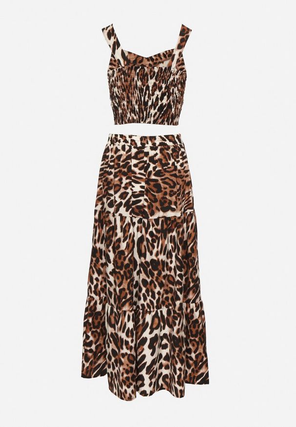 Born2be - Brązowy Komplet w Panterkę z Topem i Spódnicą Ovilissea. Kolor: brązowy. Wzór: motyw zwierzęcy