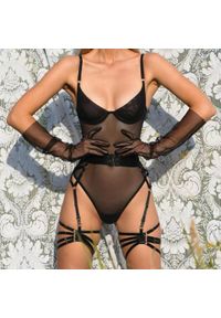 Intica - Body z pasem do pończoch z regulowanymi paskami bielizna damska Naydenka. Kolor: czarny. Materiał: materiał. Wzór: paski #7