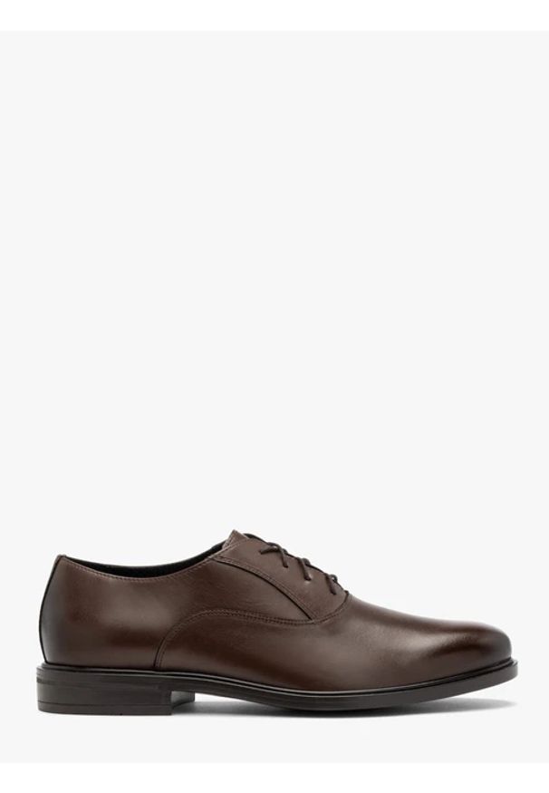 Ryłko - Ciemnobrązowe eleganckie półbuty męskie. Kolor: brązowy. Materiał: skóra. Styl: elegancki