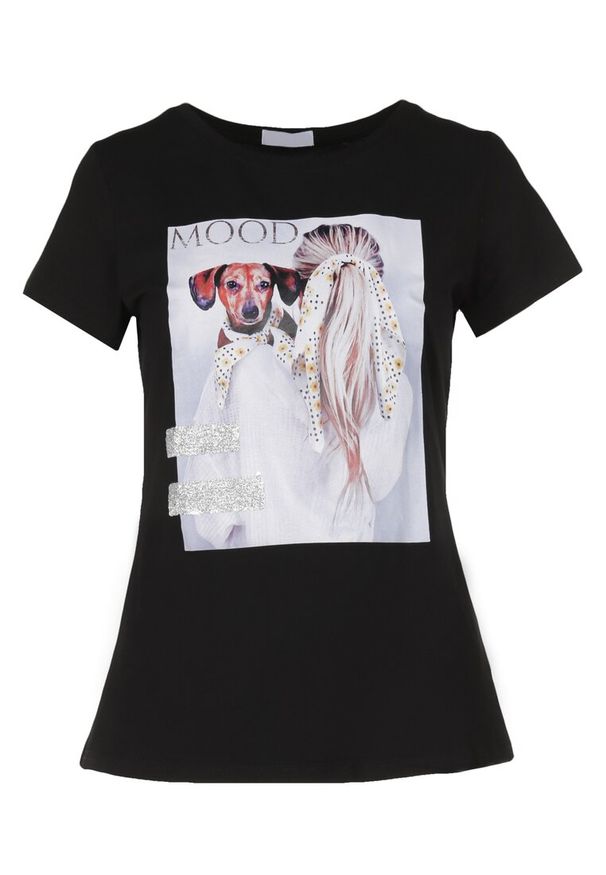 Born2be - Czarny T-shirt Nesaliria. Kolor: czarny. Materiał: dzianina, bawełna. Długość rękawa: krótki rękaw. Długość: krótkie. Wzór: nadruk, aplikacja. Styl: klasyczny