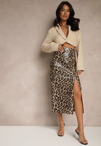 Renee - Brązowa Ołówkowa Spódnica High Waist w Panterkę z Rozcięciem Tamionwea. Okazja: na co dzień. Stan: podwyższony. Kolor: brązowy. Wzór: motyw zwierzęcy. Styl: casual, elegancki