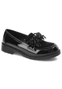 Czarne Półbuty S.Barski Eleganckie Mokasyny Damskie. Okazja: do pracy. Kolor: czarny. Materiał: guma, lakier, skóra. Wzór: aplikacja. Obcas: na obcasie. Styl: elegancki. Wysokość obcasa: niski