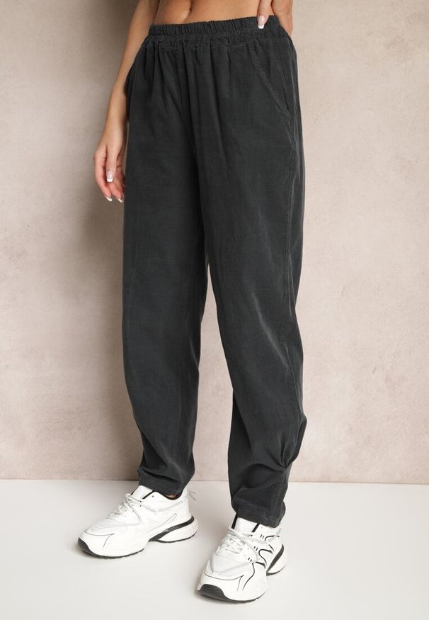 Renee - Ciemnoszare Spodnie z Bawełny High Waist Galili. Okazja: na co dzień. Stan: podwyższony. Kolor: szary. Materiał: bawełna. Styl: klasyczny, casual, elegancki