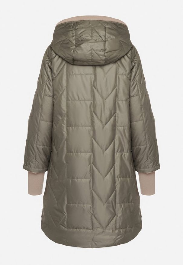 Born2be - Zielona Pikowana Kurtka z Kapturem i Przedłużonym Tyłem Tulara. Okazja: na co dzień. Typ kołnierza: kaptur. Kolor: zielony. Materiał: jeans. Wzór: aplikacja. Styl: casual, elegancki