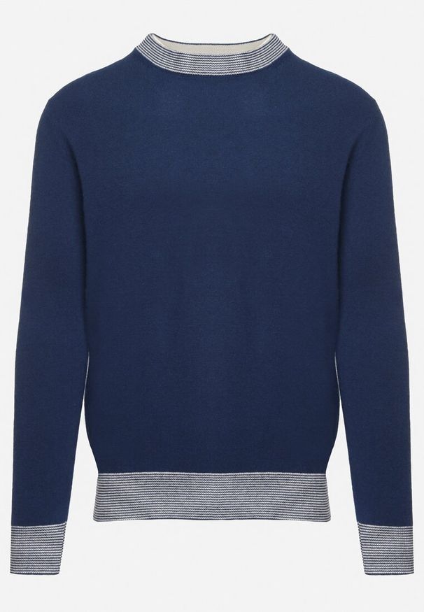 Born2be - Granatowy Wełniany Sweter z Domieszką Kaszmiru o Prostym Kroju Reacirae. Okazja: na spotkanie biznesowe, na co dzień. Kolor: niebieski. Materiał: kaszmir, wełna. Wzór: aplikacja. Styl: elegancki, casual, klasyczny, biznesowy