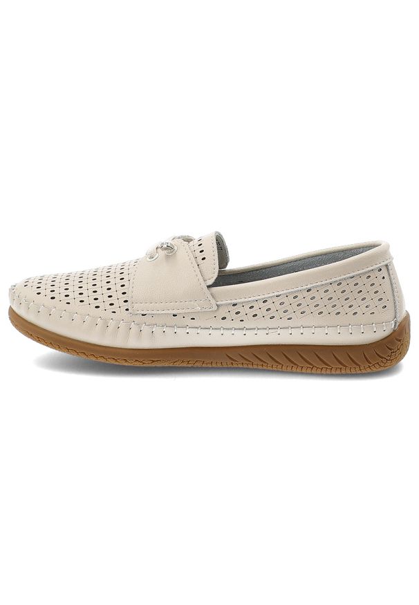 Półbuty damskie Vinceza, cholewka ze skóry naturalnej licowej z perforacją wsuwany fason z ozdobnym wiązaniem, beżowe, 93217. Kolor: beżowy. Materiał: skóra. Szerokość cholewki: normalna