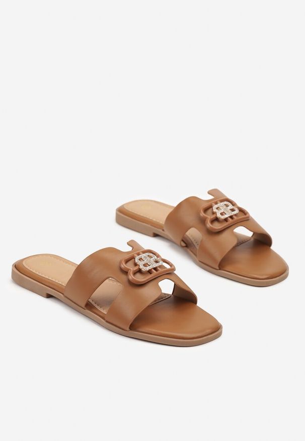 Renee - Brązowe Klapki Ozdobione Cyrkoniami i Metaliczną Aplikacją Felianna. Okazja: na co dzień. Kolor: brązowy. Wzór: aplikacja. Sezon: lato. Styl: casual