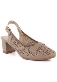 Czółenka damskie ażurowe z paskiem beżowe Jezzi ASA212-8. Zapięcie: pasek. Kolor: beżowy. Materiał: skóra ekologiczna. Wzór: ażurowy. Obcas: na obcasie. Wysokość obcasa: średni #1