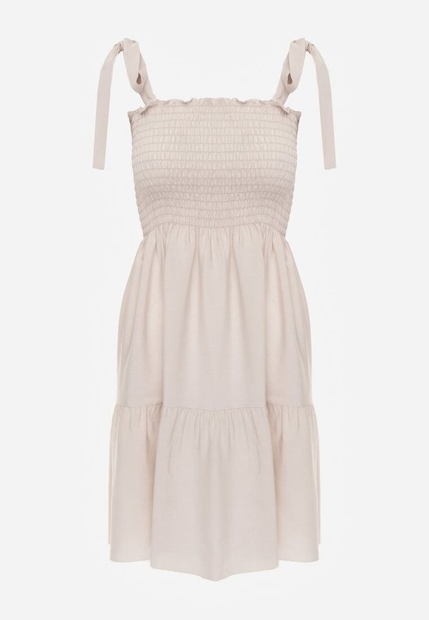 Renee - Beżowa Bawełniana Sukienka na Ramiączkach z Gumką w Pasie o Rozkloszowanym Kroju Holfea. Okazja: do pracy, na co dzień, na spacer. Kolor: beżowy. Materiał: bawełna. Długość rękawa: na ramiączkach. Sezon: lato. Typ sukienki: proste, rozkloszowane. Styl: elegancki, klasyczny, casual